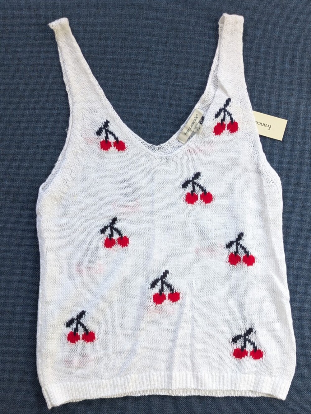 Francescas White Knit Cherry Tank V Neck Top